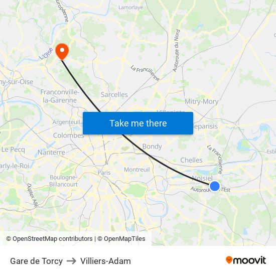 Gare de Torcy to Villiers-Adam map
