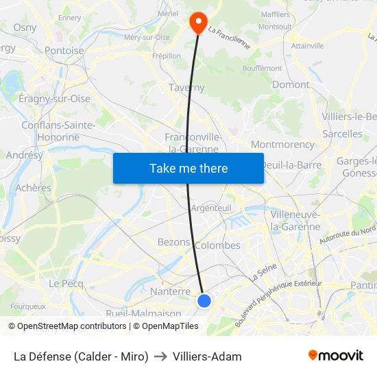 La Défense (Calder - Miro) to Villiers-Adam map