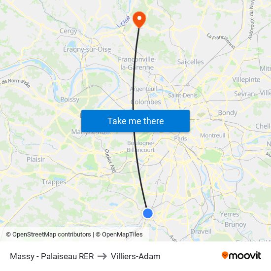 Massy - Palaiseau RER to Villiers-Adam map