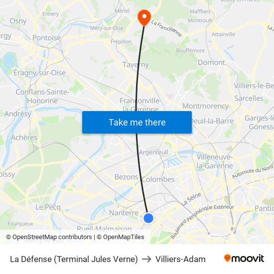 La Défense (Terminal Jules Verne) to Villiers-Adam map