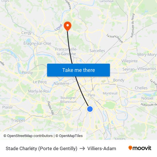 Stade Charléty (Porte de Gentilly) to Villiers-Adam map