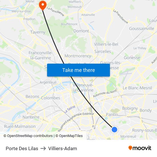 Porte Des Lilas to Villiers-Adam map