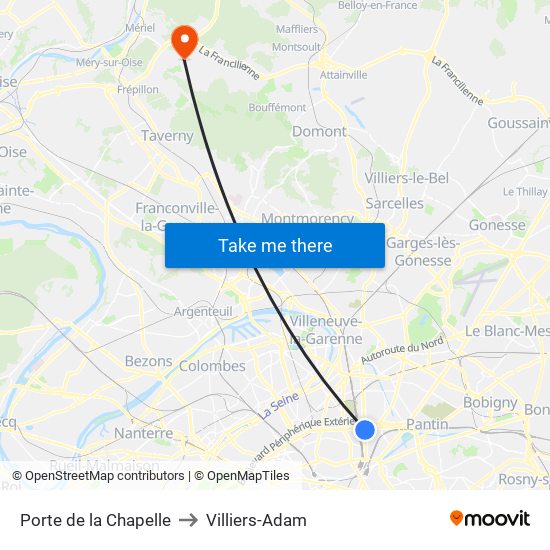 Porte de la Chapelle to Villiers-Adam map