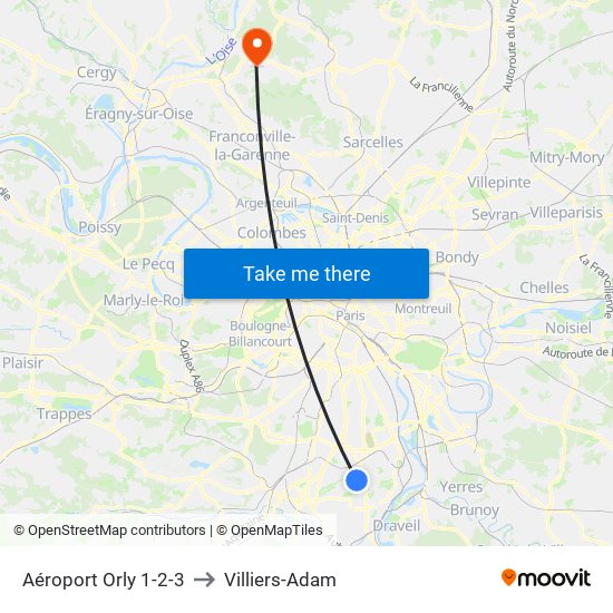 Aéroport Orly 1-2-3 to Villiers-Adam map