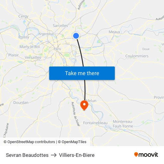 Sevran Beaudottes to Villiers-En-Biere map