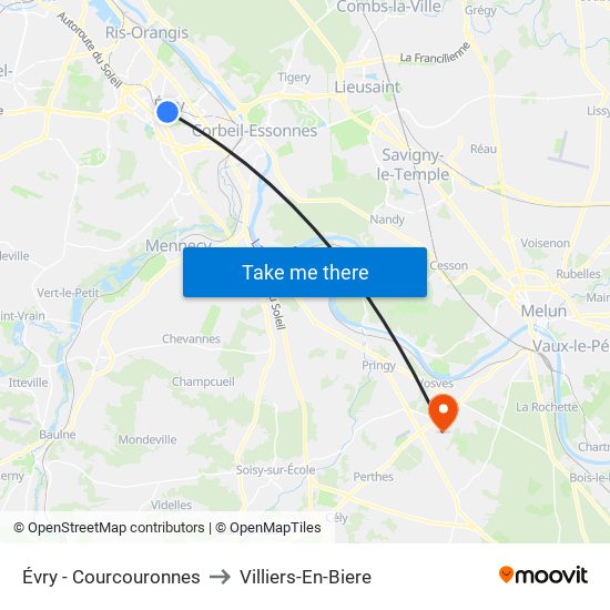 Évry - Courcouronnes to Villiers-En-Biere map
