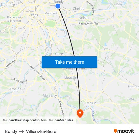 Bondy to Villiers-En-Biere map