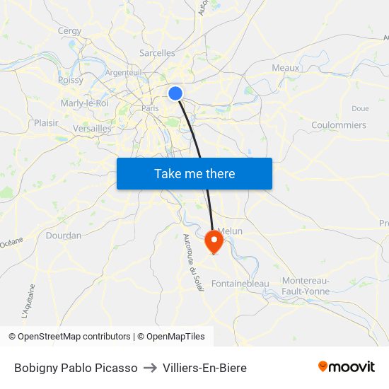 Bobigny Pablo Picasso to Villiers-En-Biere map