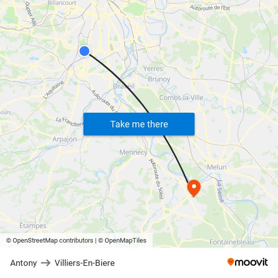 Antony to Villiers-En-Biere map