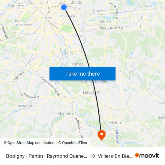 Bobigny - Pantin - Raymond Queneau to Villiers-En-Biere map