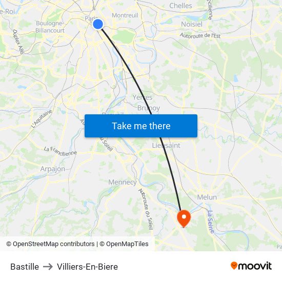 Bastille to Villiers-En-Biere map