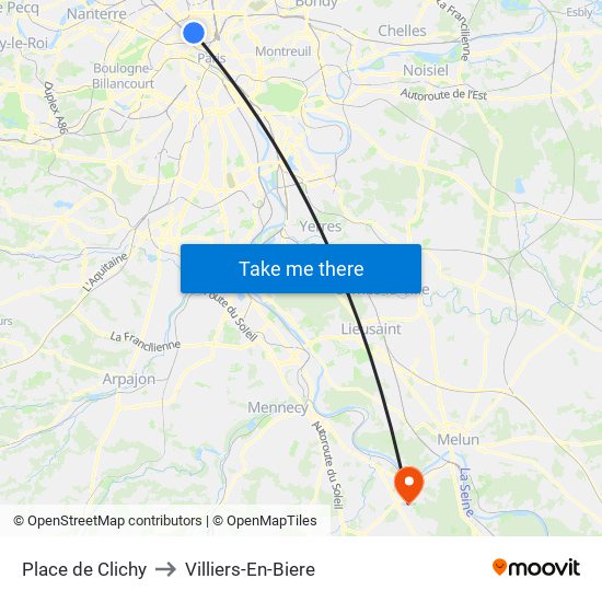 Place de Clichy to Villiers-En-Biere map