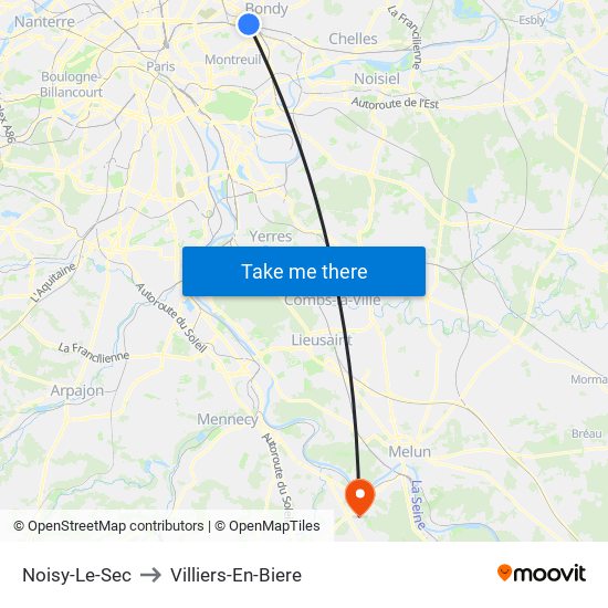 Noisy-Le-Sec to Villiers-En-Biere map