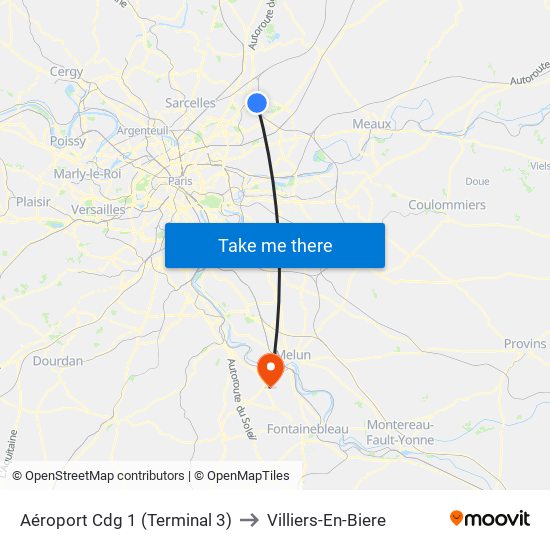Aéroport Cdg 1 (Terminal 3) to Villiers-En-Biere map