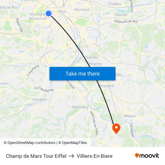Champ de Mars Tour Eiffel to Villiers-En-Biere map