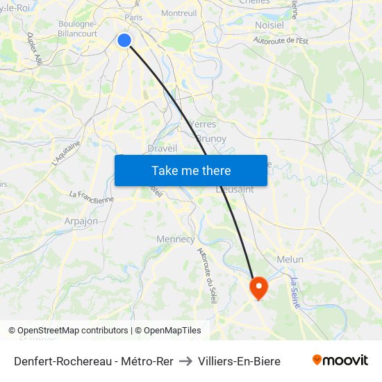 Denfert-Rochereau - Métro-Rer to Villiers-En-Biere map