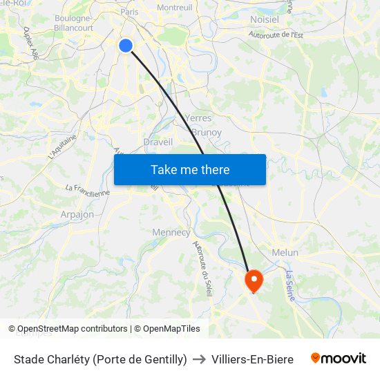 Stade Charléty (Porte de Gentilly) to Villiers-En-Biere map