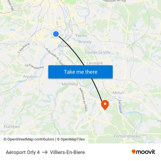 Aéroport Orly 4 to Villiers-En-Biere map