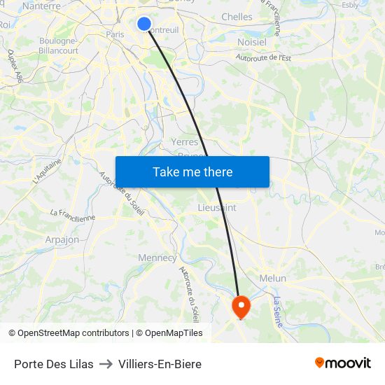 Porte Des Lilas to Villiers-En-Biere map