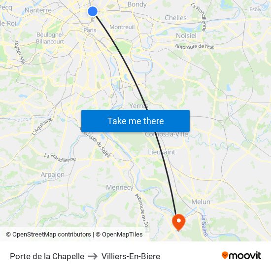 Porte de la Chapelle to Villiers-En-Biere map