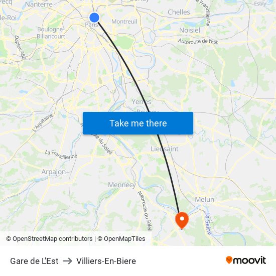 Gare de L'Est to Villiers-En-Biere map