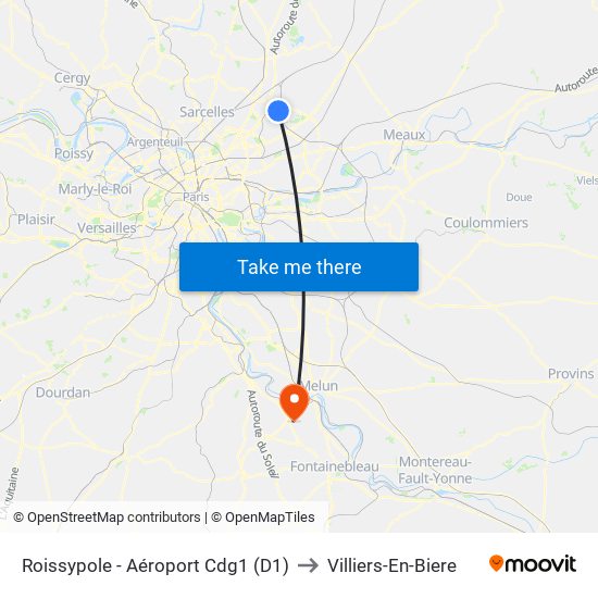 Roissypole - Aéroport Cdg1 (D1) to Villiers-En-Biere map