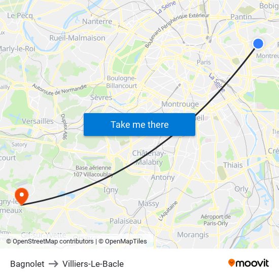 Bagnolet to Villiers-Le-Bacle map
