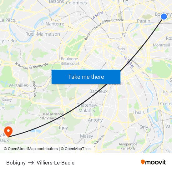 Bobigny to Villiers-Le-Bacle map