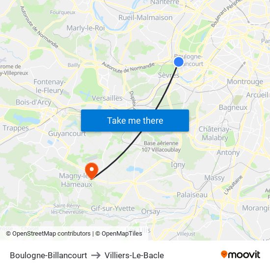 Boulogne-Billancourt to Villiers-Le-Bacle map