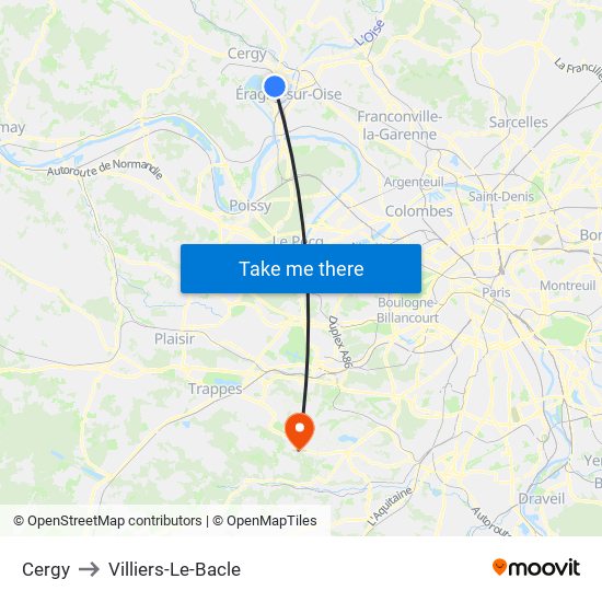 Cergy to Villiers-Le-Bacle map