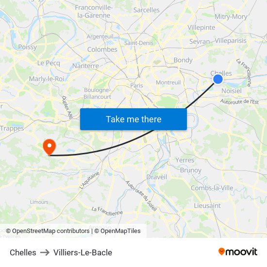 Chelles to Villiers-Le-Bacle map