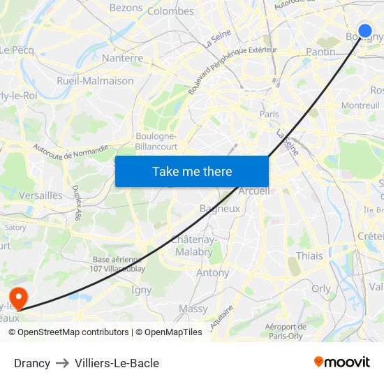 Drancy to Villiers-Le-Bacle map