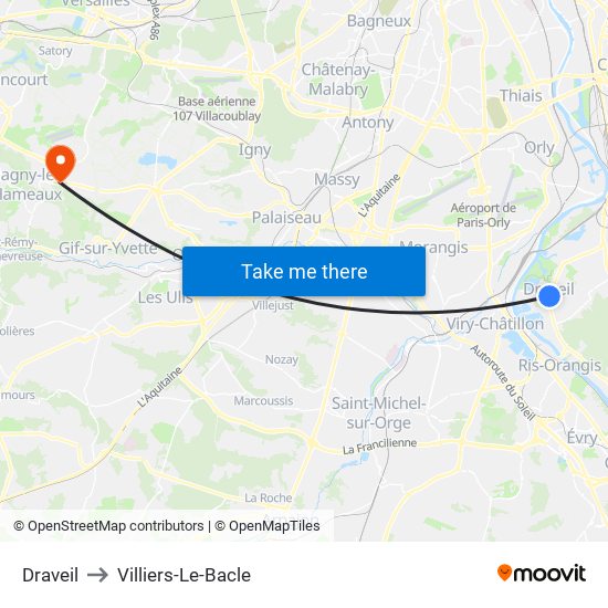 Draveil to Villiers-Le-Bacle map