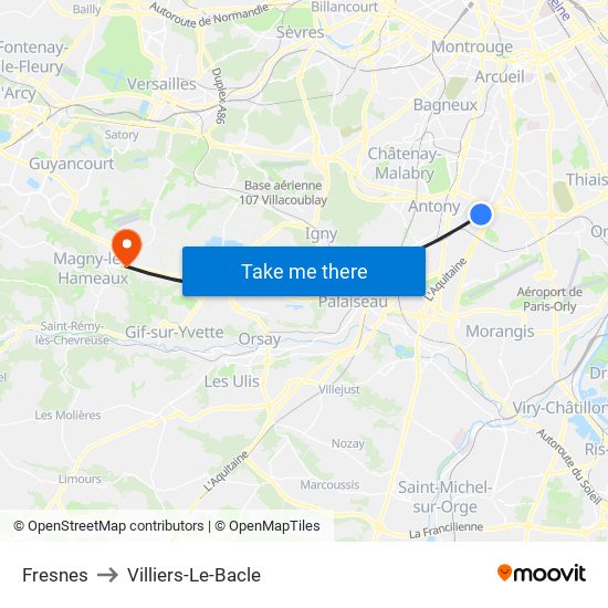 Fresnes to Villiers-Le-Bacle map