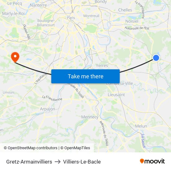 Gretz-Armainvilliers to Villiers-Le-Bacle map