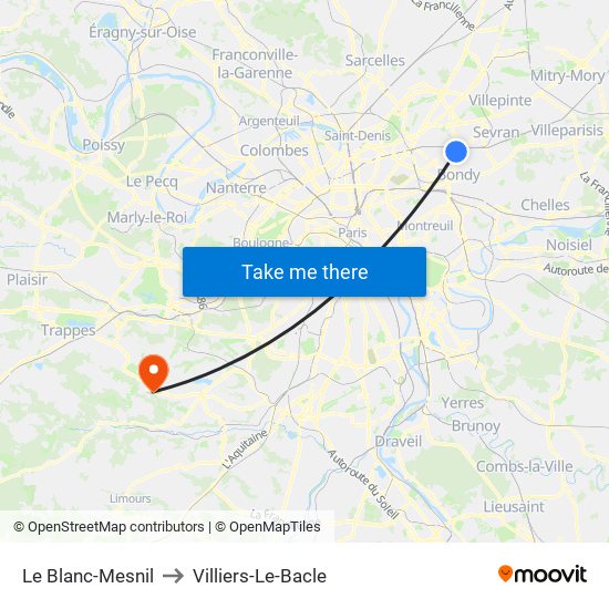 Le Blanc-Mesnil to Villiers-Le-Bacle map