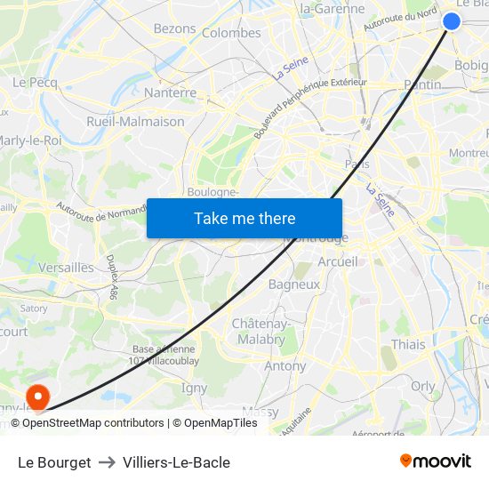 Le Bourget to Villiers-Le-Bacle map