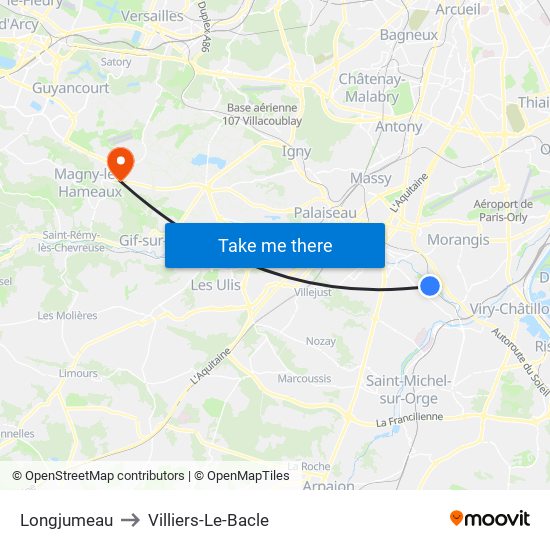 Longjumeau to Villiers-Le-Bacle map