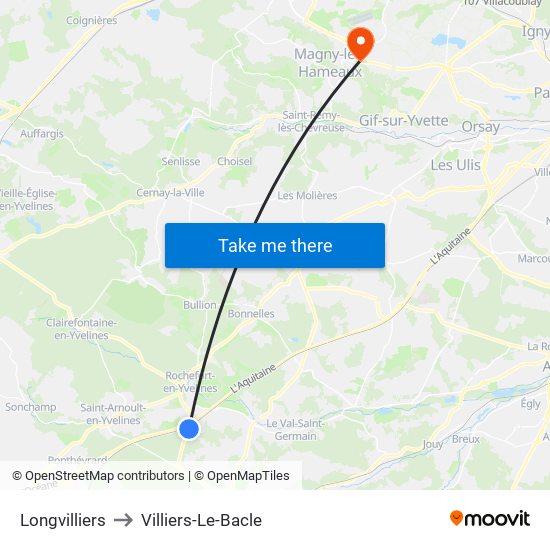 Longvilliers to Villiers-Le-Bacle map