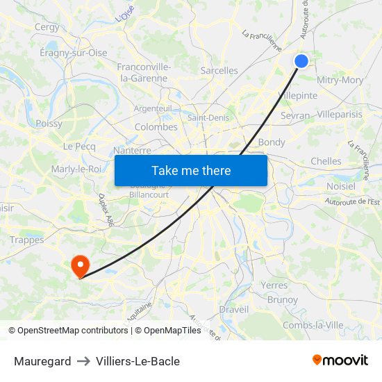Mauregard to Villiers-Le-Bacle map