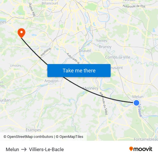 Melun to Villiers-Le-Bacle map
