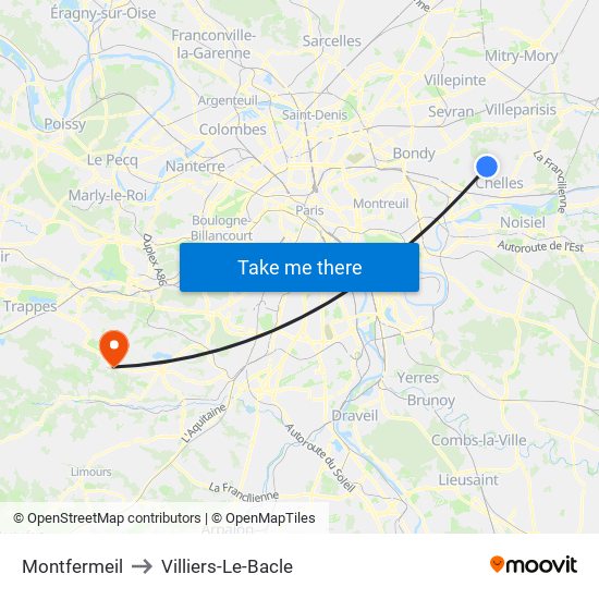 Montfermeil to Villiers-Le-Bacle map