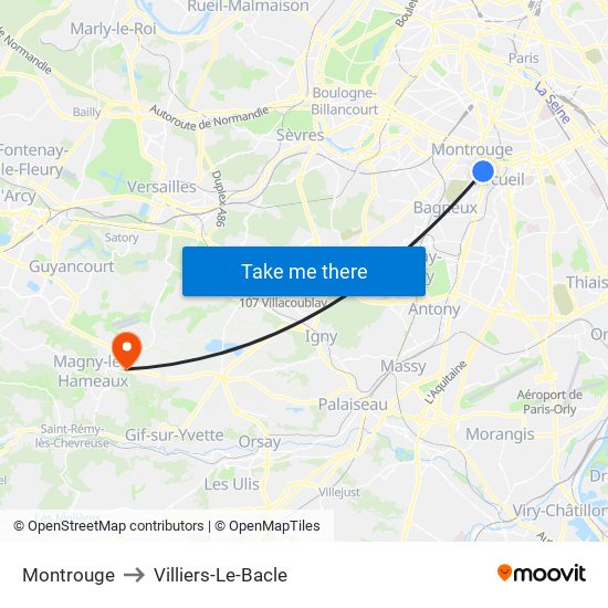 Montrouge to Villiers-Le-Bacle map