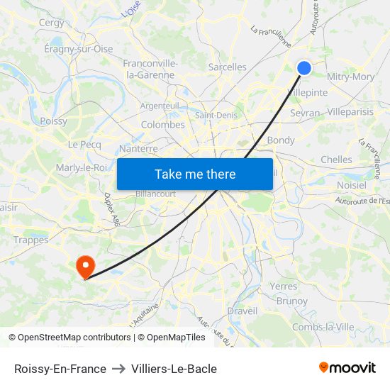 Roissy-En-France to Villiers-Le-Bacle map