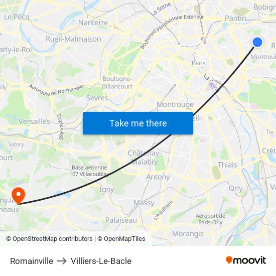 Romainville to Villiers-Le-Bacle map