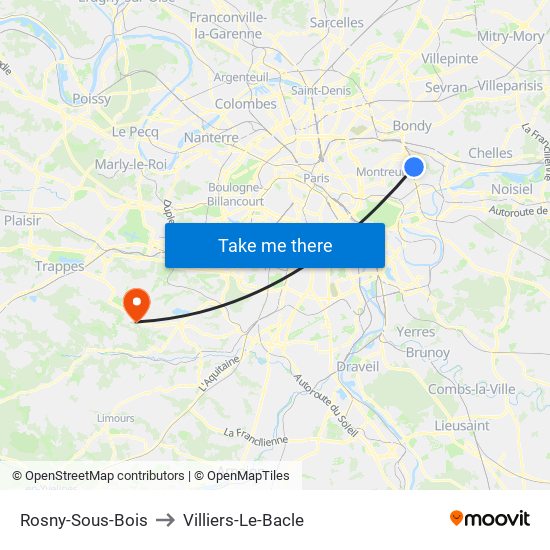 Rosny-Sous-Bois to Villiers-Le-Bacle map