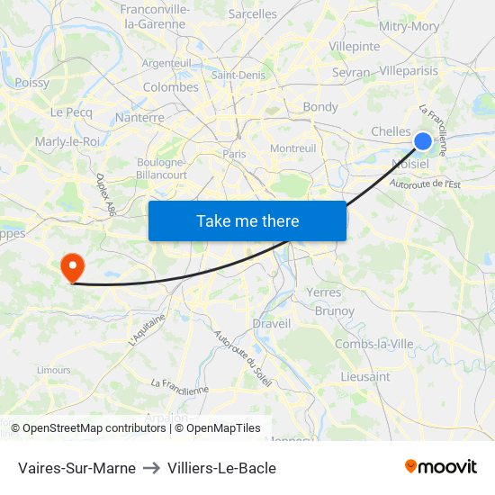 Vaires-Sur-Marne to Villiers-Le-Bacle map