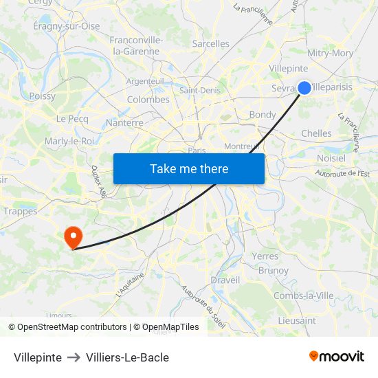 Villepinte to Villiers-Le-Bacle map