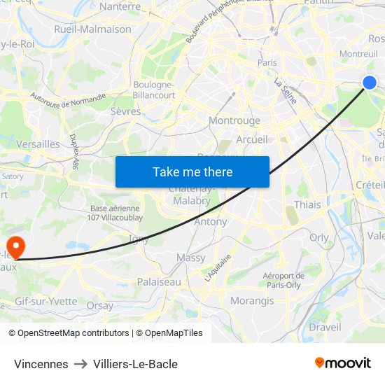Vincennes to Villiers-Le-Bacle map