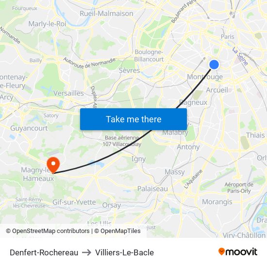 Denfert-Rochereau to Villiers-Le-Bacle map